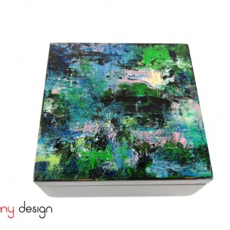 Dark blue square lacquer box hand- painted with abstract